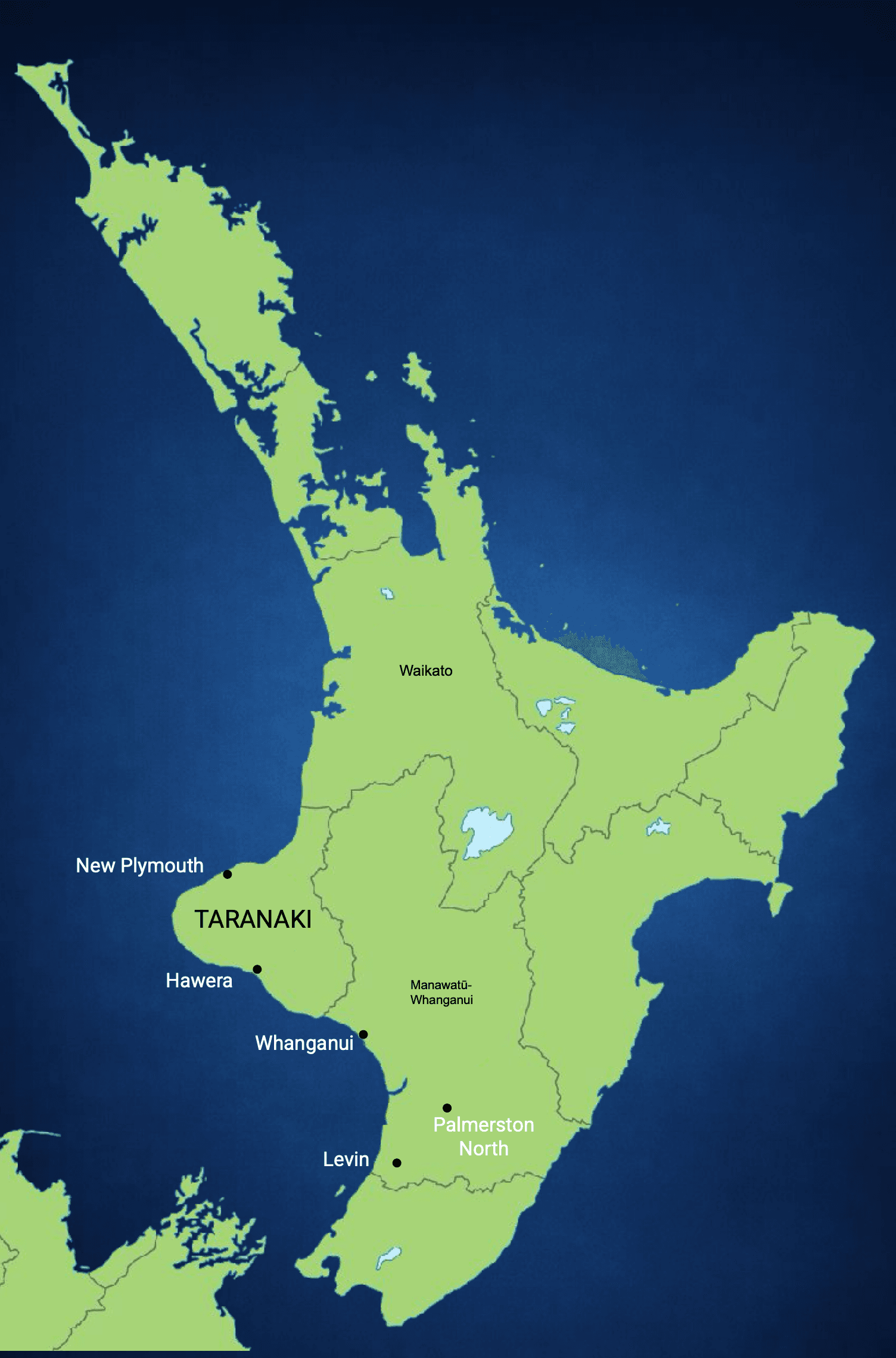 North Island New Zealand map showing Detections Taranaki service area